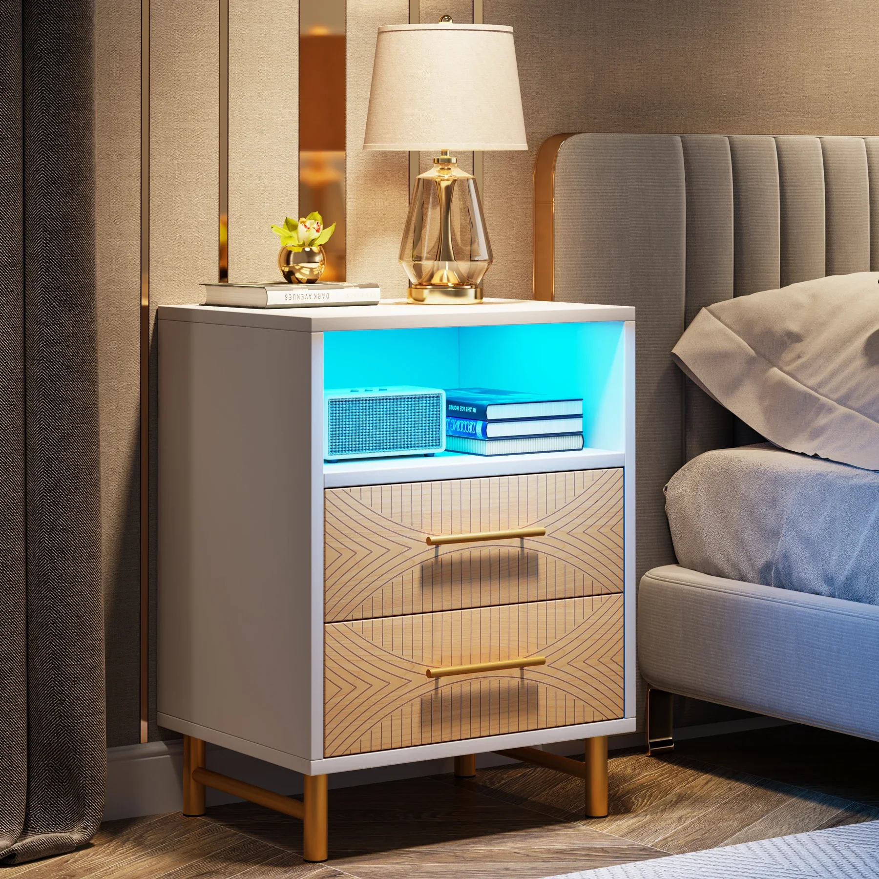 Tribesigns LED Nightstand with Open Storage, 2 Drawer Bedside Table for Bedroom,  End Tables with 8 Color LED Lighting