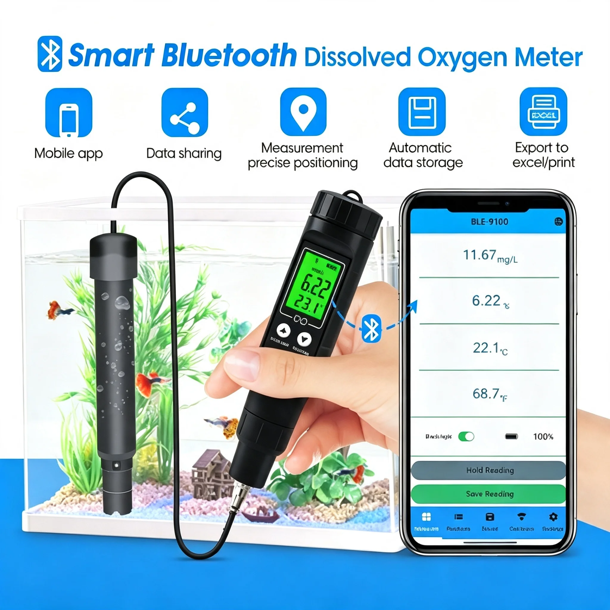 DO Meter 0-40mg/L with Bluetooth & ATC, Dissolved Oxygen Analyzer for Fish Tank Pond Brewing & Aquaculture Water Care & Test