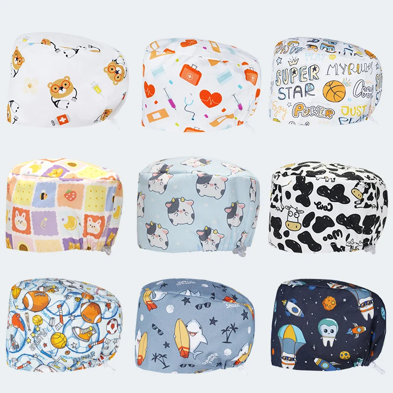 Cartoon Animals Printed Medical Caps High Quality Surgical Hat Thick Cotton Clinic Nurse Scrub Hats Dentist Chef Headwear K1082