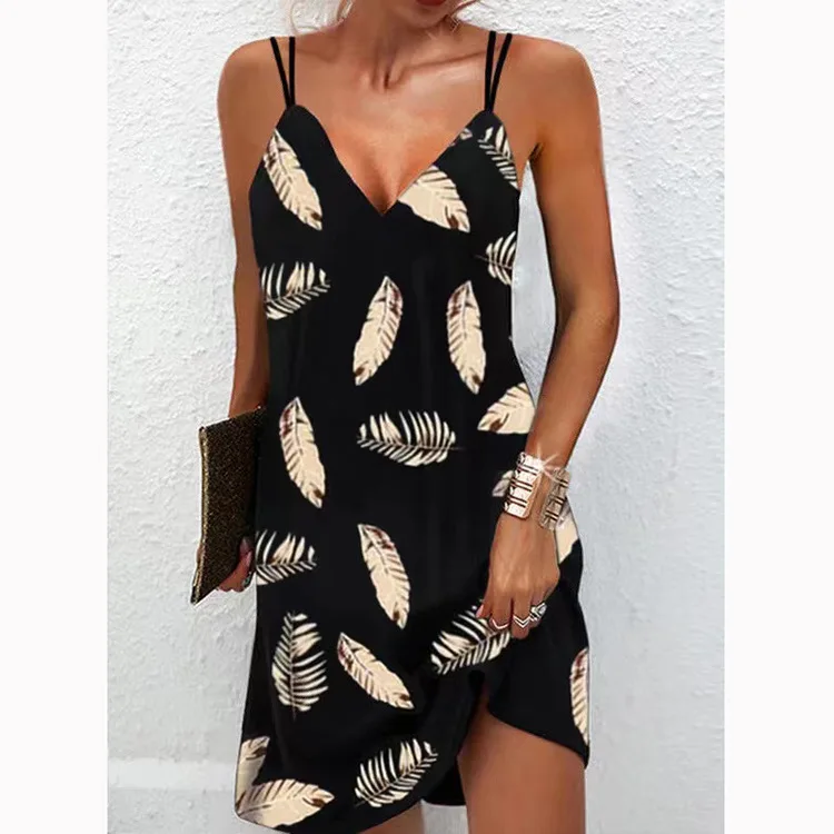 Summer Printed Beach Spaghetti Dress For Women\'s Fashion Sexy V Neck Plus Size S-5XL Loose Sleeveless Casual Female Vestidos