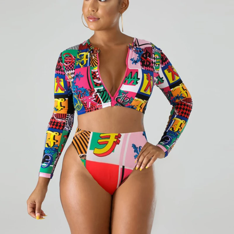 Sexy Bikini Beach Swimsuit Women's Long Sleeve Zipper Printed Multicolor High Waist 2024 Summer Fashion Latest Style Separates