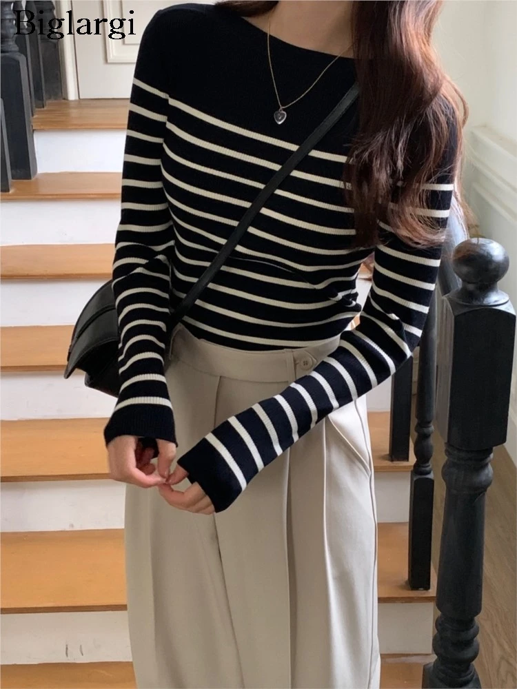 

Вязаный осенний полосатый пуловер с принтом, женский облегающий тонкий модный женский свитер, корейский стиль, женский свитер с длинным рукавом