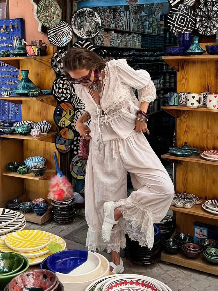 Women Lace Lantern Pants 2 Piece Sets Bow Tie Front Short Sleeve Shirts And Flared Long Pant Suit 2026 New Lady Street Outfit