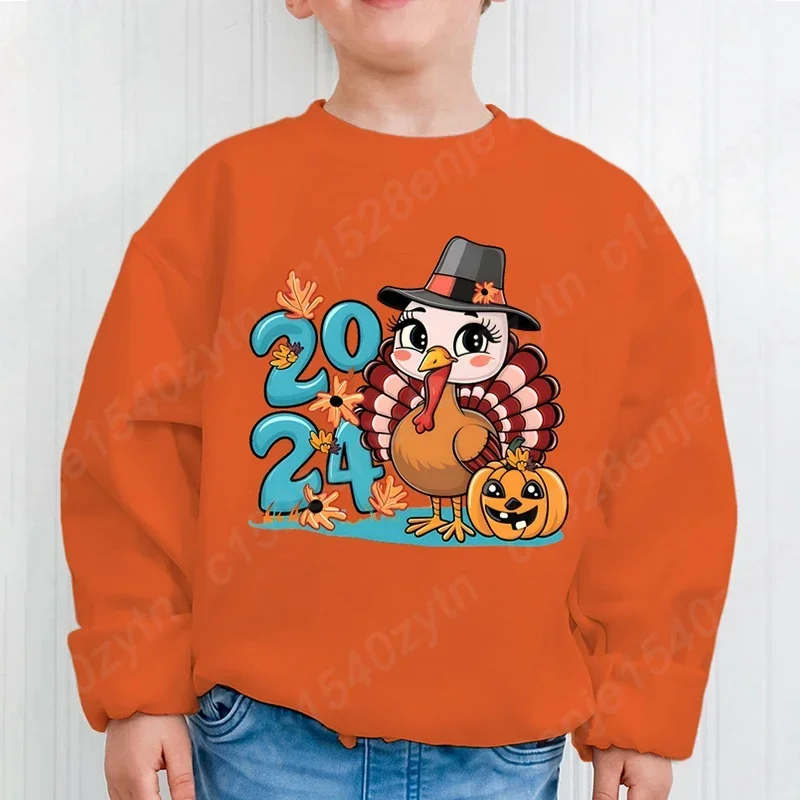 

Thanksgiving & Halloween 2024 Turkey Pumpkin Print Kids' Sweatshirt, Casual Crew Neck Long Sleeve Top for Boys