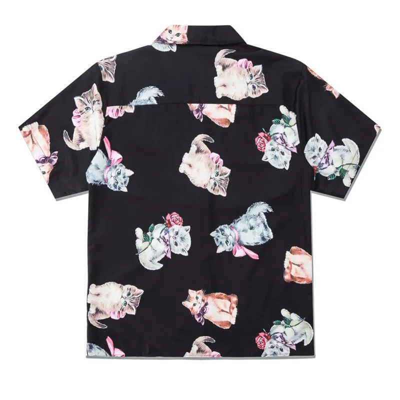 High street niche shirt Cuban collar short sleeved men's summer European and American teenagers casual little cat loose shirt