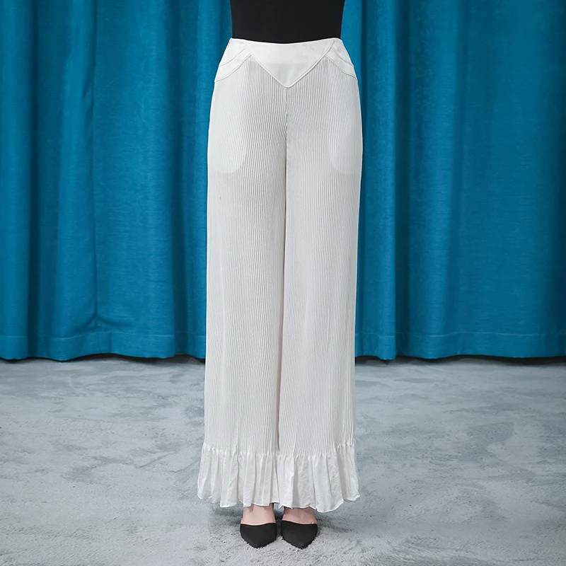 Silk Jacquard Ivory White Trousers KE398 Natural Waist Splicing Three-Dimensional Fold Agaric Edge Literary Wide-Leg Pants