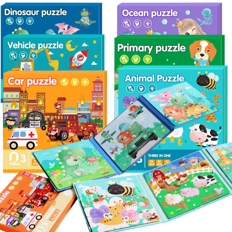 3 in 1 Magnetic Puzzle Book Toddler Toys Advanced Version Folding Jigsaw Dinosaurs Animal Travel Games Early Education Toys Gift