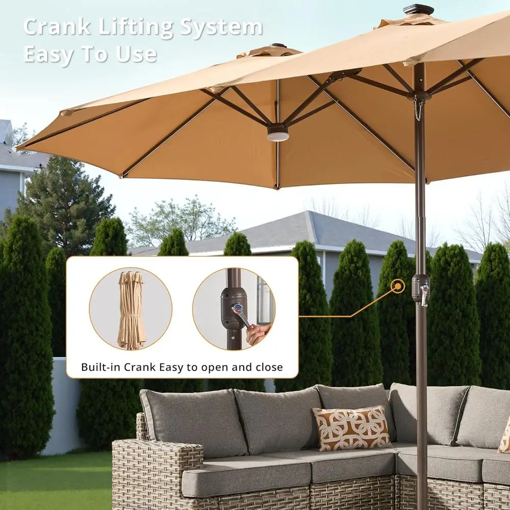 15ft Solar-Powered Patio Umbrella with RGB Lights and Base for Outdoor Decks and Poolside