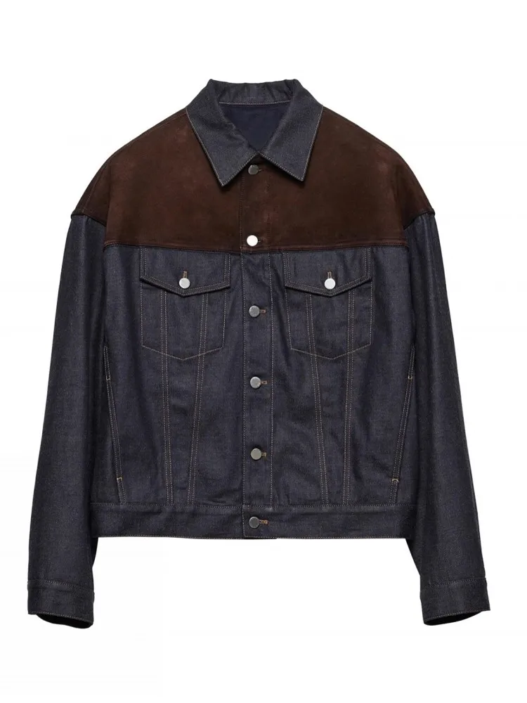 Autumn New Designer Men Suede Leather Spliced Denim Jacket Single Breasted Casual Loose Fit Cowboy Coat Vintage Fashion Outwear