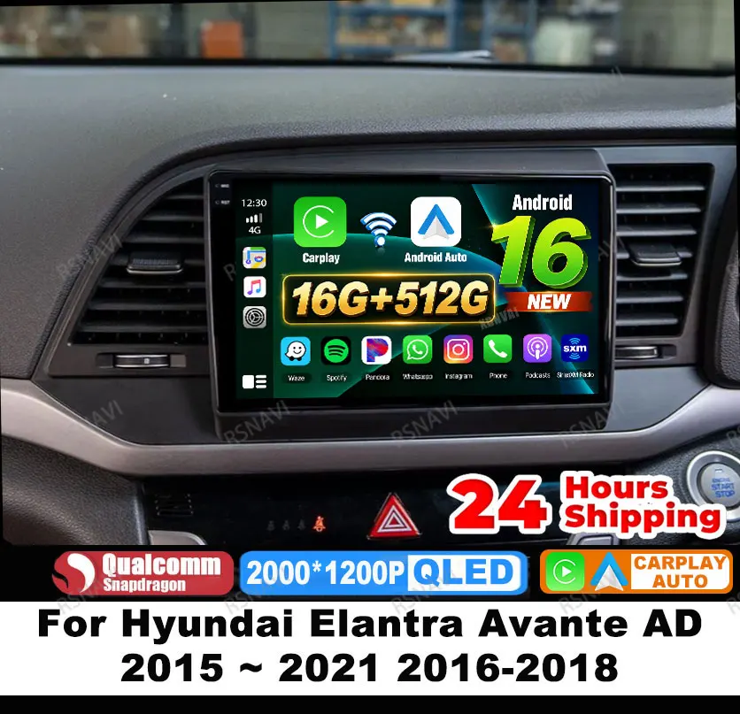 Radio para Auto Android 16 para Hyundai Elantra Avante AD 2015 ~ 2021 2016-2018 Reproductor de Video Estéreo Inalámbrico Carplay Auto 4G LTE DVD BT