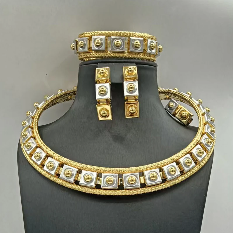 Special Three Tone Geometric Square Shape Jewelry Set Unique Buttern Necklace Bracelet Earrings Ring 4PC Jewellery Wedding Party