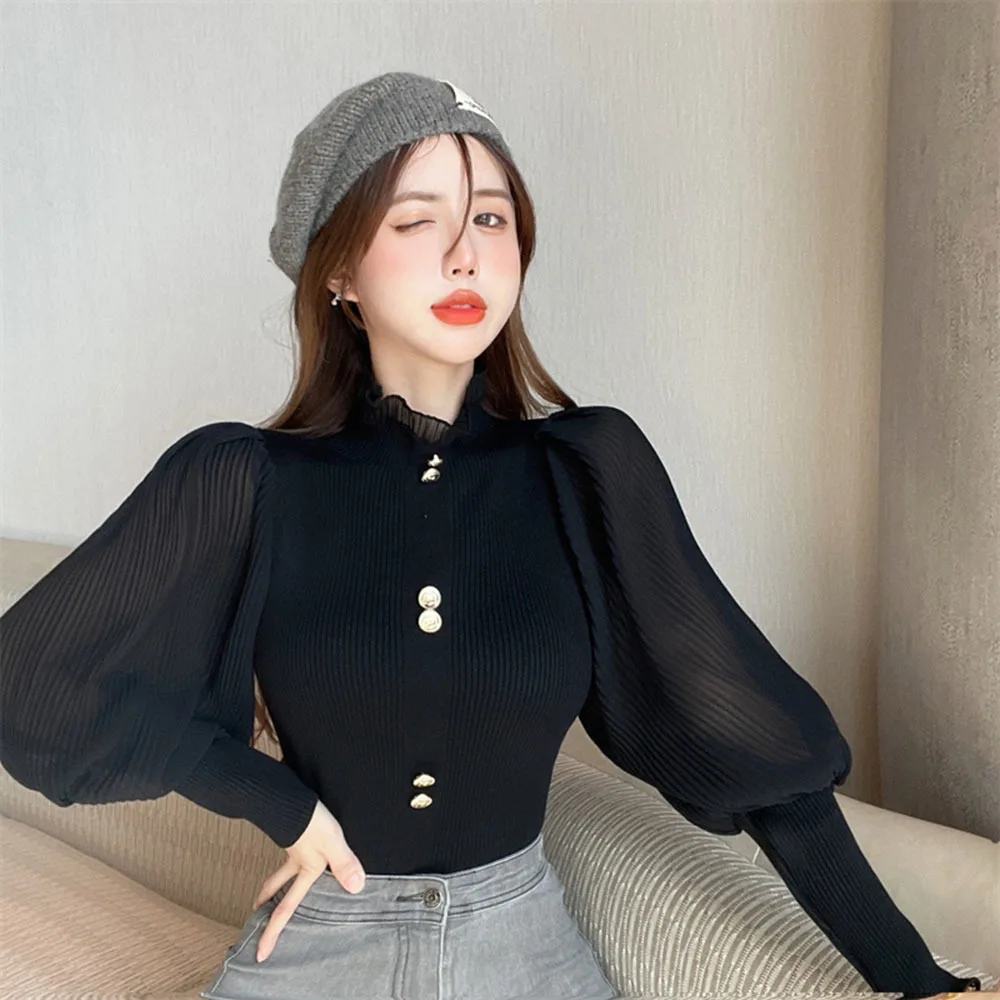 Patched Full Chiffon Lantern Sleeve Knitted Sweaters Jumpers Crop Tops Girls Turtleneck Solid Buttons Sweater Pullovers Women