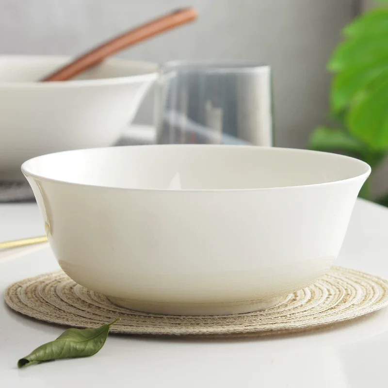7 inch, white bone china, big ceramic serving bowl for rice & fish & salad, delicate container for food, for buffet and dinner