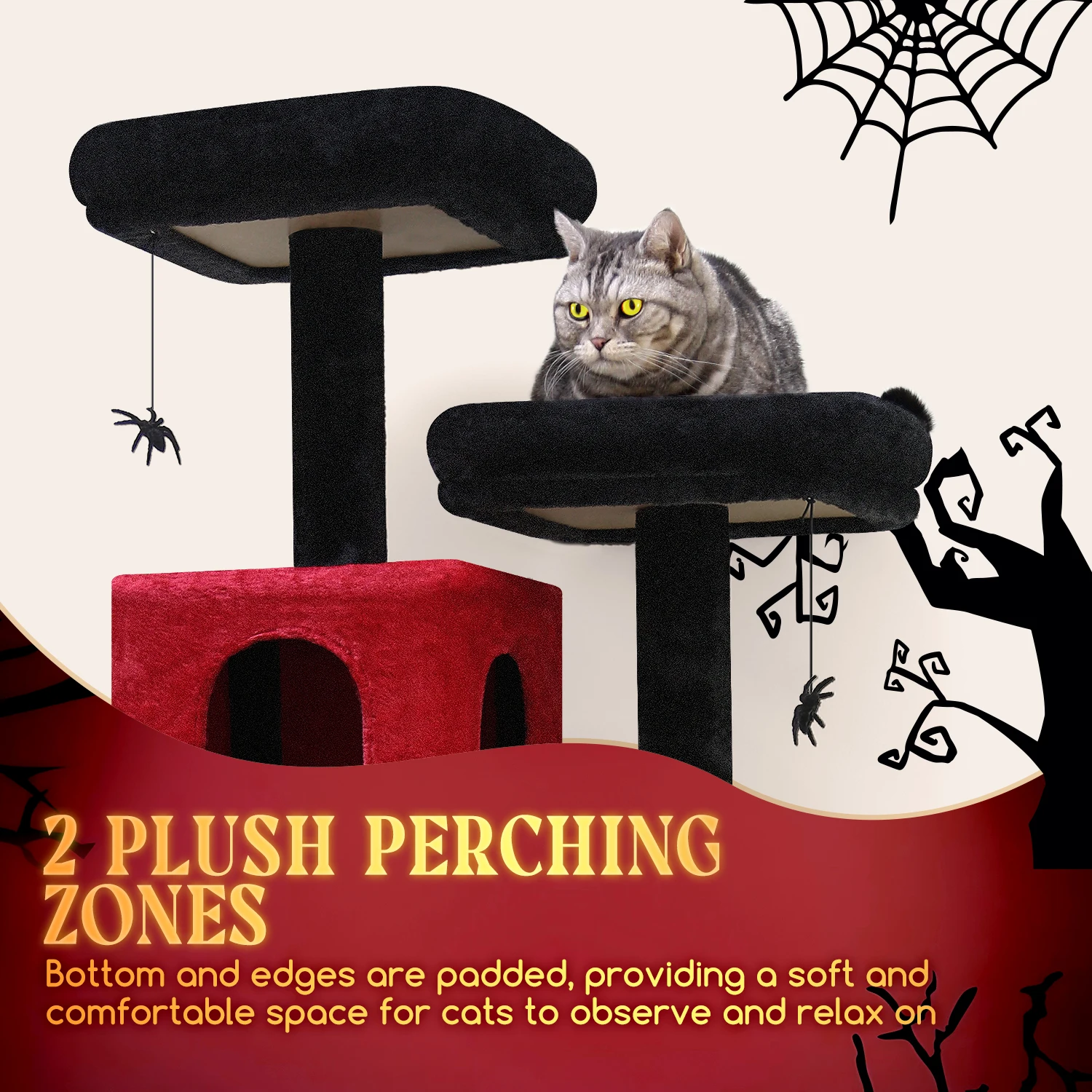 F69 Gothic Cat Tree, 69 นิ้วสูง Goth Cat Tree สําหรับแมวในร่มขนาดใหญ่ผู้ใหญ่, สีแดงและสีดํา Cat Tree Tower, ฮาโลวีน Cat Tower