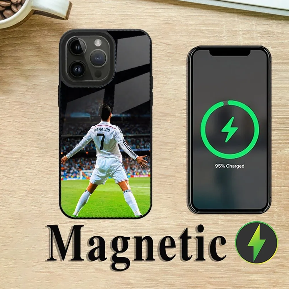 Caixa De Telefone De Carregamento Magnético Sem Fio, CR7 Estrela De Futebol, R-Ronaldo-ES(1), iPhone 15,14, 14,13,12,11,Plus,Pro,Max, Mini, Magsafe