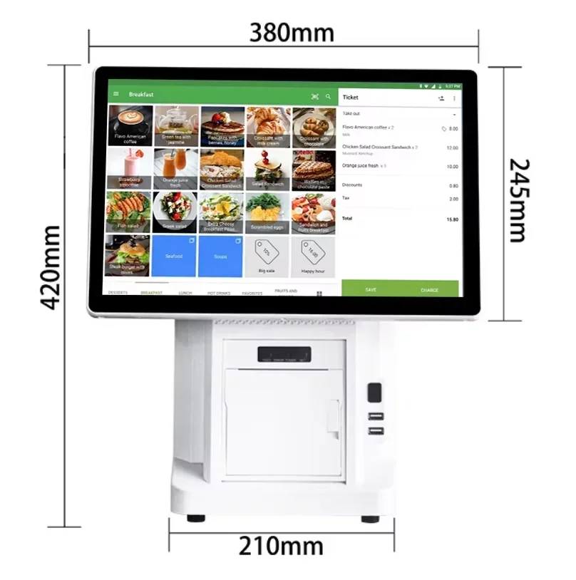 15.6 Inch Android Desktop POS With 58mm 80mm Printer 4G+32G WIFI  POS RJ11 RJ45 Ethernet Battery Mini Cash Register