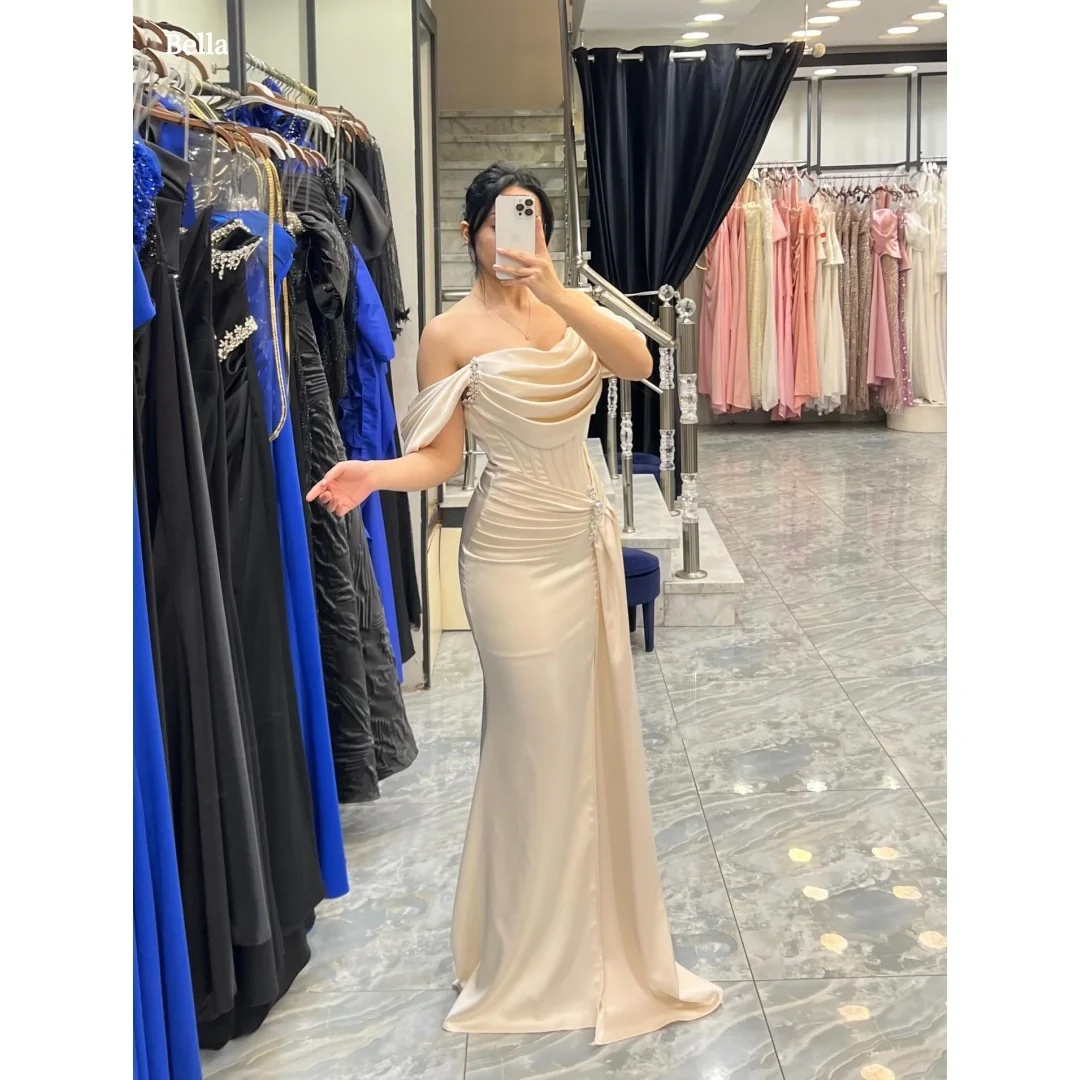 

Bella Customized satin off shoulder mermaid Prom Dress lace trim Party Dresses elegant robes de soirée for women formal event