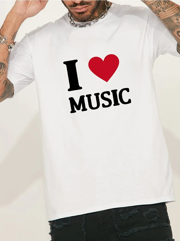 Men Summer White Crew Neck T Shirt I Love Music Red Heart Graphic Print Loose Short Sleeve Casual Streetwear Daily Fashion Tops