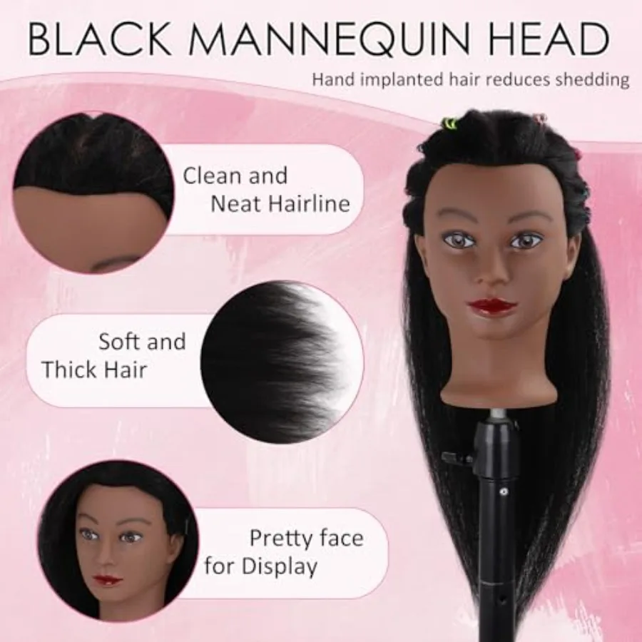 DiazySight رأس عارضة أزياء سوداء أفرو 100 شعر حقيقي 16 دمية رأس مستقيمة للفتيات لممارسة تصفيف الشعر ورأس Pr #5