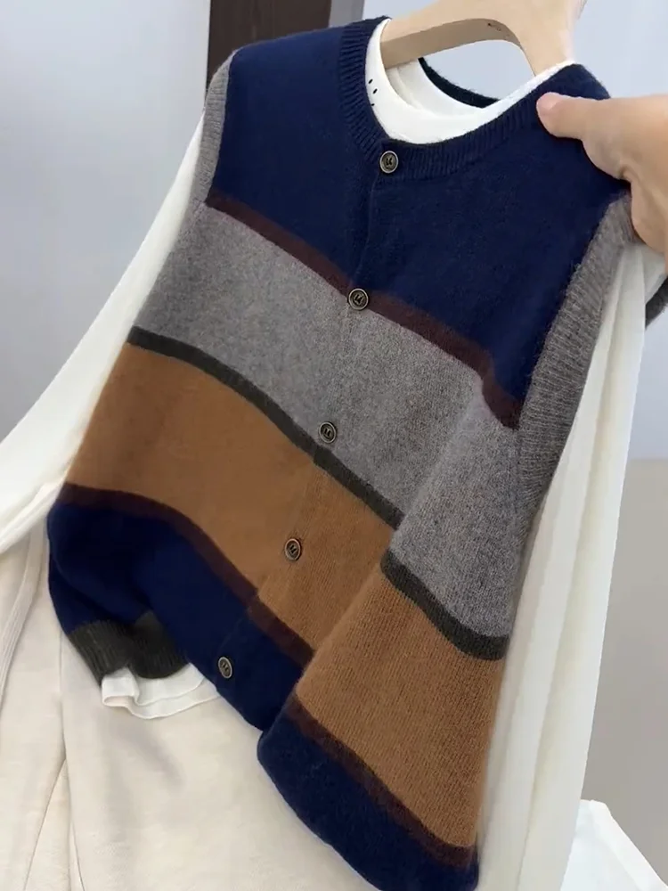 

Korean Sle Striped Color Blo Knitted Vest Autumn New Arrival plus Size Versatile Anti-Aging Top Warmth Emitting Long Sve