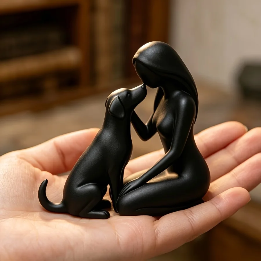 3D Printed Woman and Dog Figurine, Plastic Pure Companion Sculpture,Minimalist Human‑Pet Bond Statue,Warm Desktop Ornament