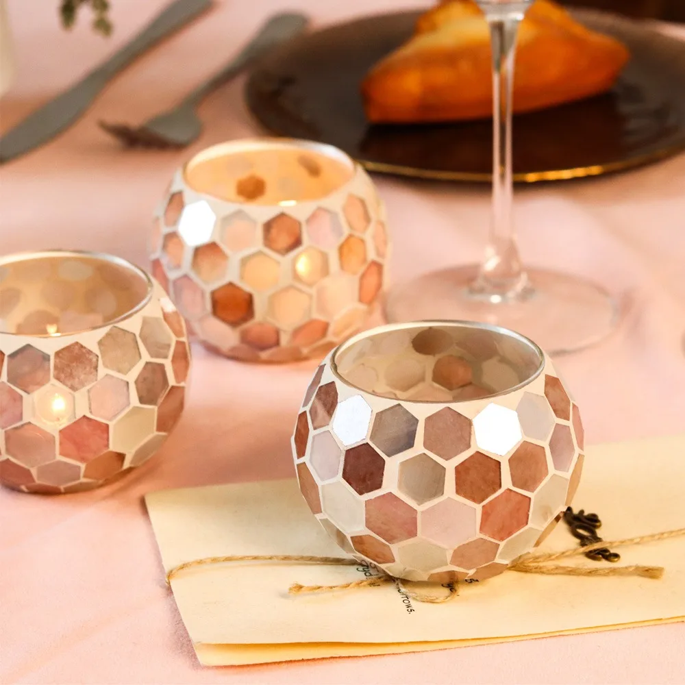 Romantic Mosaic Stained Glass Tealight Holder, Pink Hexagonal Tile Bowl Candlestick for Wedding Table & Home Accent Decor