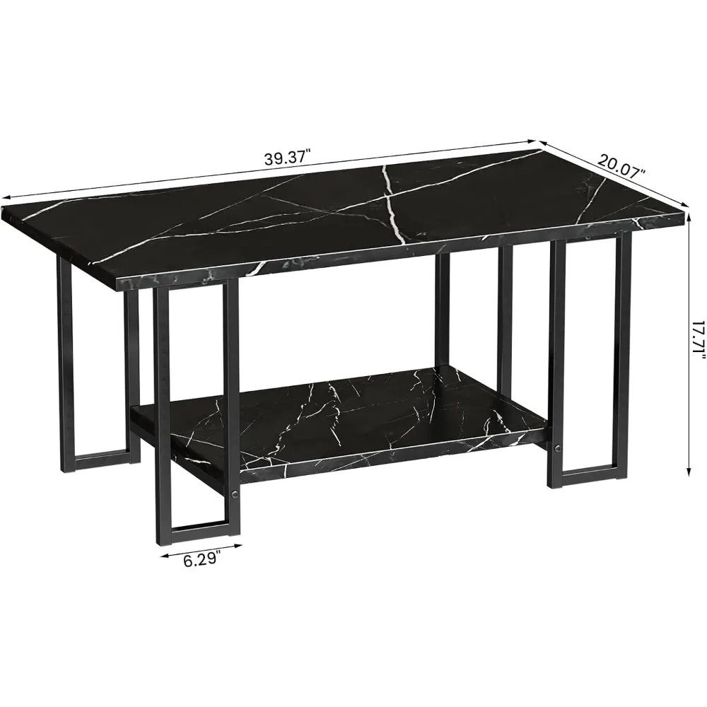 Rectangular Faux Marble Coffee Table with Black Metal Frame, 2 Tier Living Room Furniture for Modern Home Decor