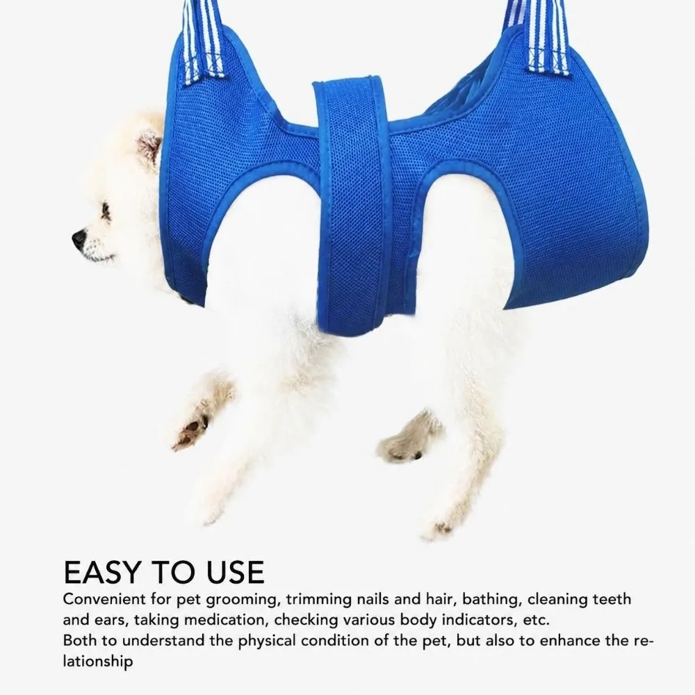 Breathable Mesh Pet Grooming Hammock Adjustable Strap Blue Cat Dog Grooming Helper Hanging Sling Shape Seamed Reinforced