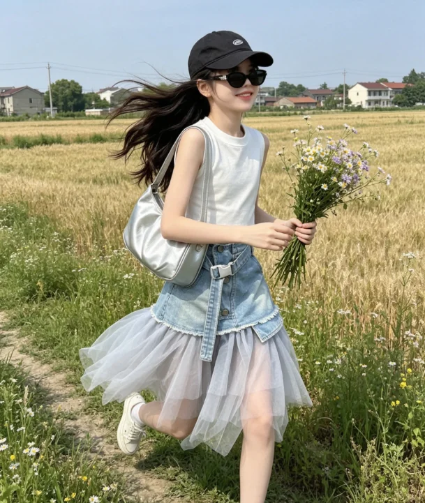 Girls Suit 2026 Spring and Summer New Childrens Clothes Girl Baby Foreign Solid Color Vest Irregular A-line Skirt Two-piece Set