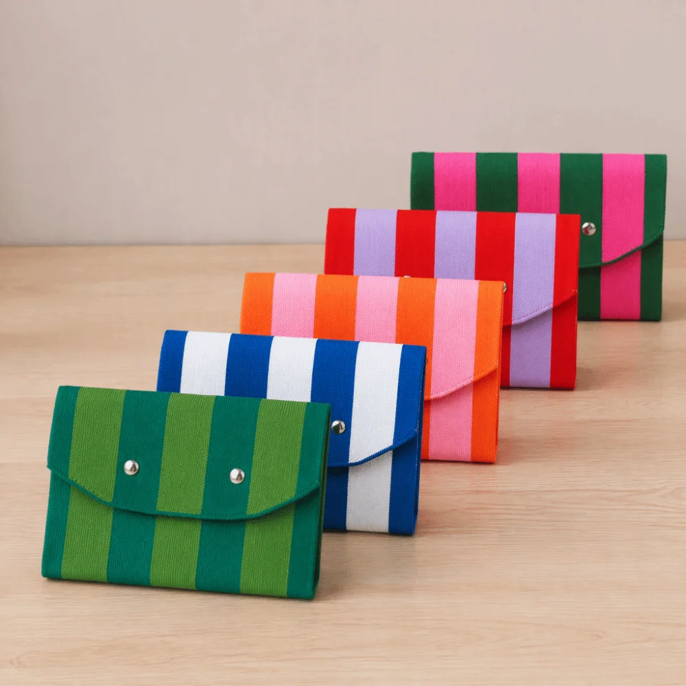 Trendy Snap Button Flap Small Clutch Bag Portable Casual Style Makeup Pouch Colorful Compact Striped Knit Coin Purse Daily Use