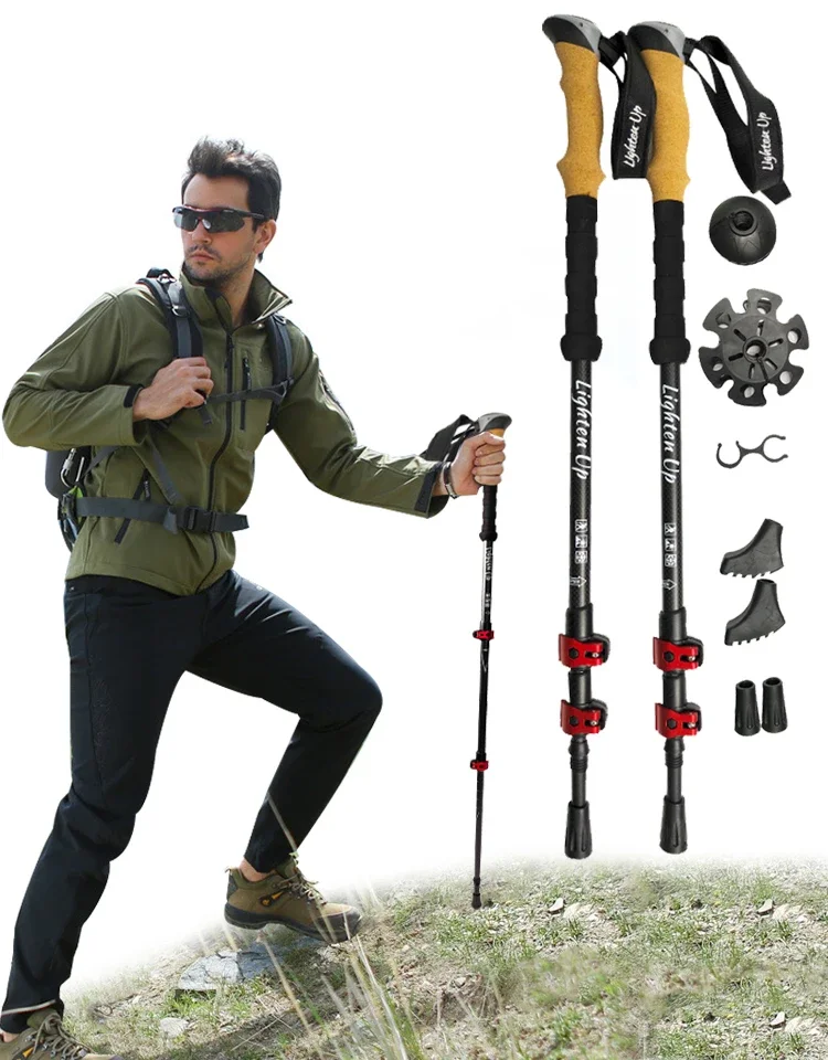 2Pcs Trekking Poles Ultra-light Telescopic Folding Poles Mountaineering Staffs Aluminum/Carbon Cork Auxiliary Walking Sticks