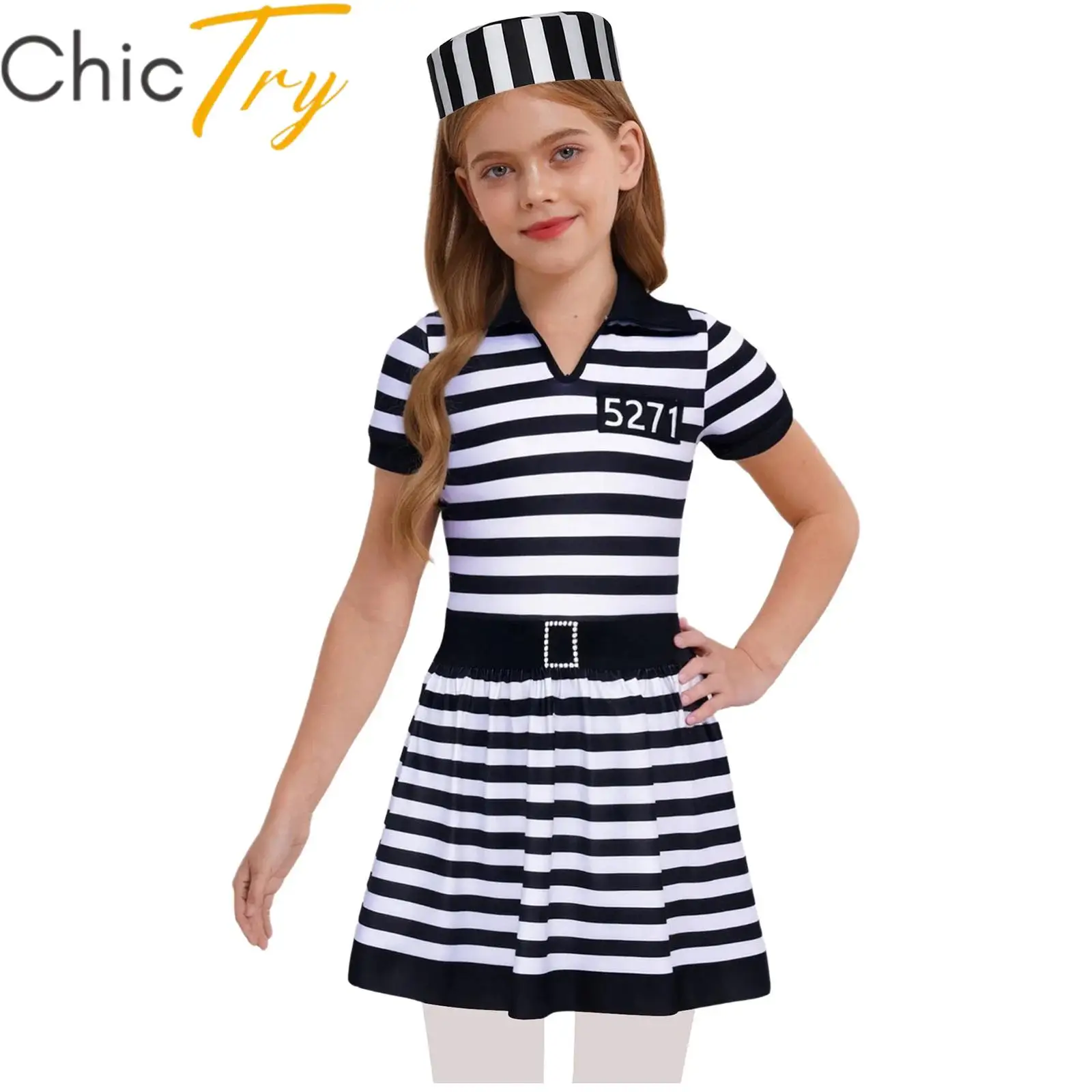 

Kids Girl Striped Dress Prisoner Cosplay Costume Turn-down Collared V Neck Short Sleeve Ruffled A-Line Skirt and Convict Caps