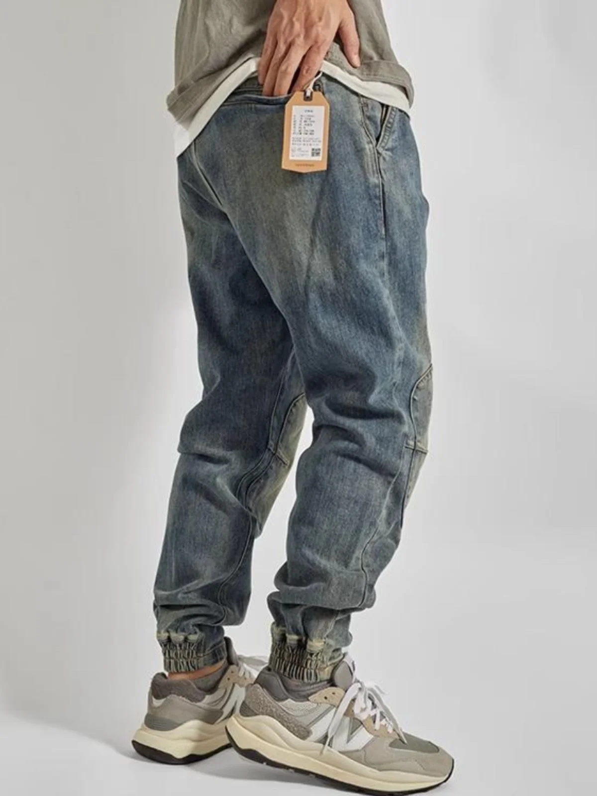 

Trendy Men's Loose Fit Harlan Jeans Elastic Waist Cargo Pants Youth Casual Wear Patchwork Light Blue Workwear Turn up Trousers