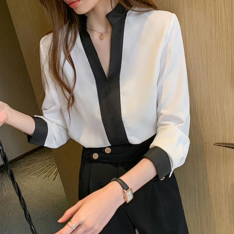 Autumn New Casual V-neck Women\'s Blouse 2023 Spring Office Lady Long Sleeve Chiffon Shirts Fashion Korean Style Tops 11189