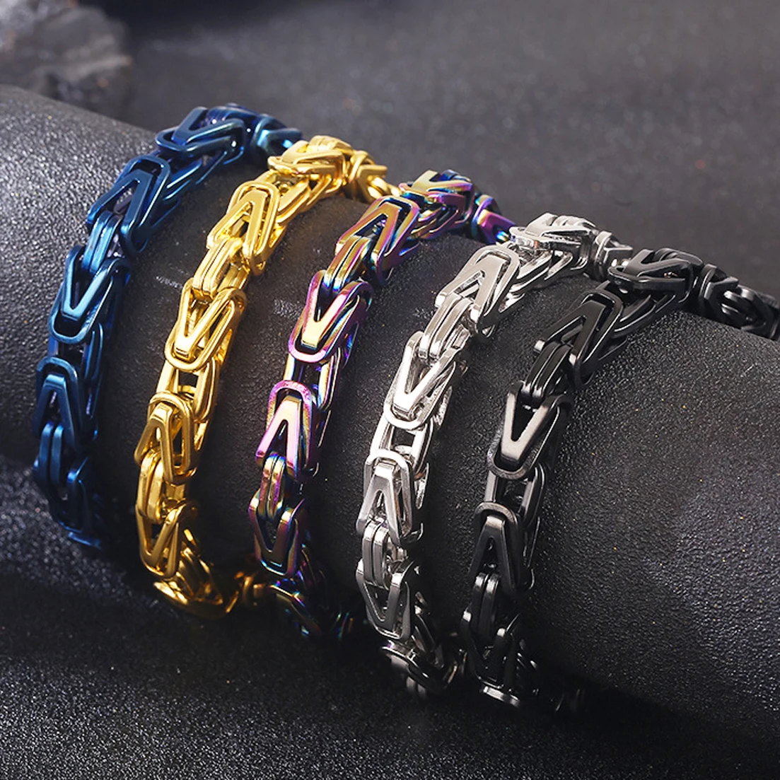 

Granny Chic Byzantine Box Chain Bracelet for Men Women, Silver Tone/Gold Tone/Black/ Blue/ Multicolor Stainless Steel Bangle