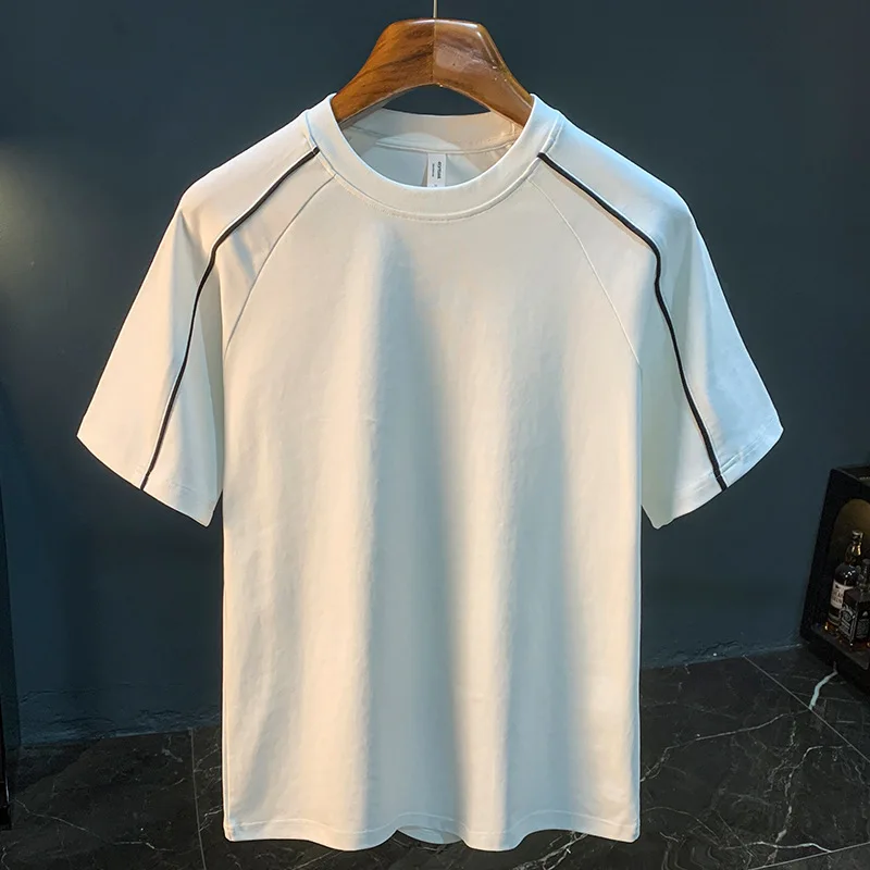 

2025 Summer Thin Short sleeved T-shirt Men's Trendy Line Ice Silk Quick drying Five quarter Sleeve Top