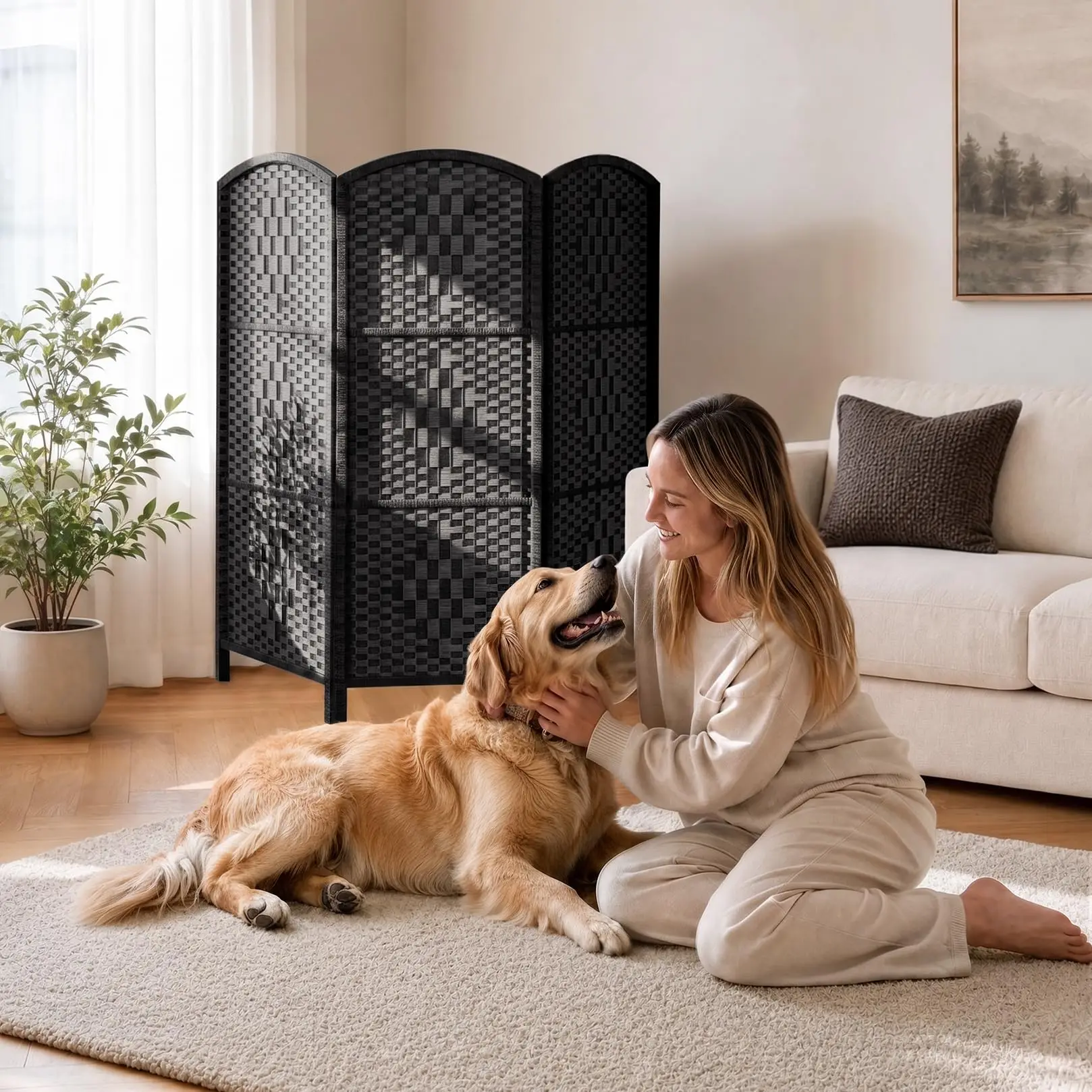 Room Divider,Short Folding Privacy Screen Panel,3 Panel, Black