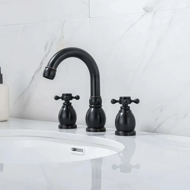 Basin Faucet Black Retro Sink Faucet Double Handle Basin Sink Hot and Cold Water Mixer 3 Hole Bathroom Faucets