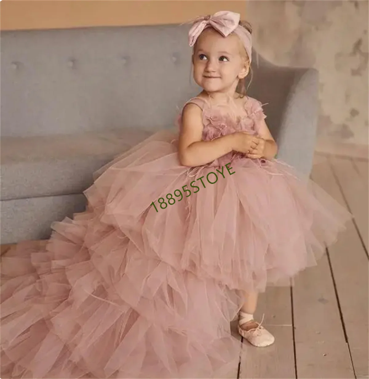 

Cute Pink Baby Girls Dresses Ruffles Feather Flower Girl Dress For Weddings Children Princess Birthday Party Gowns