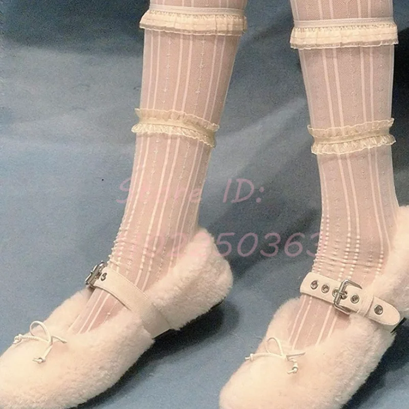 Bowknot Rabbit Fur Ballet Flat Shoes Round Toe Shallow White Women 2024 New Lamb Wool  Belt Buckle Strap Sweet Mary Jane Shoes