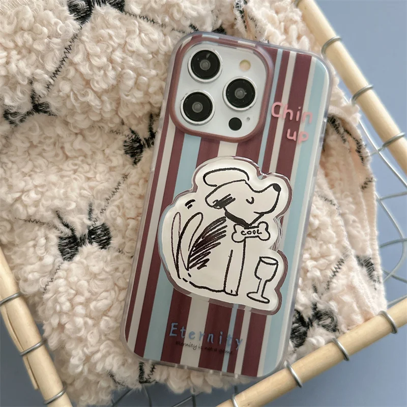 

Japan and South Korea Instagram niche striped wine glass dog for iphone13 14 15promax simple stand anti-fall Apple phone case