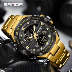 SANDA 3196 Quartz Watches Outdoor Sports 50M Waterproof LED Digital Date Watch G style Mens Dual Display Electronic wristwatches