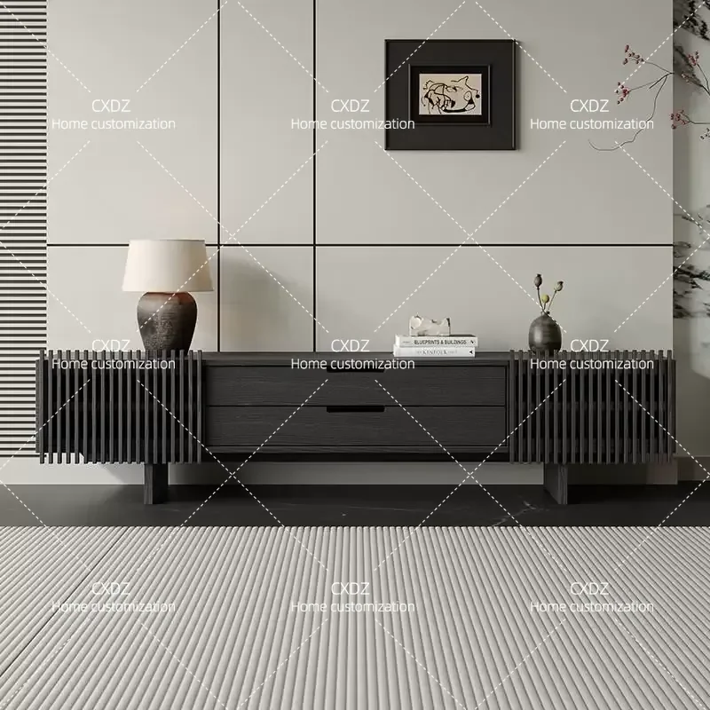Minimalist Solid Wood TV Cabinet Living Room Black Low Cabinet Coffee Table Combination Nordic Retro Audio Visual Cabinet
