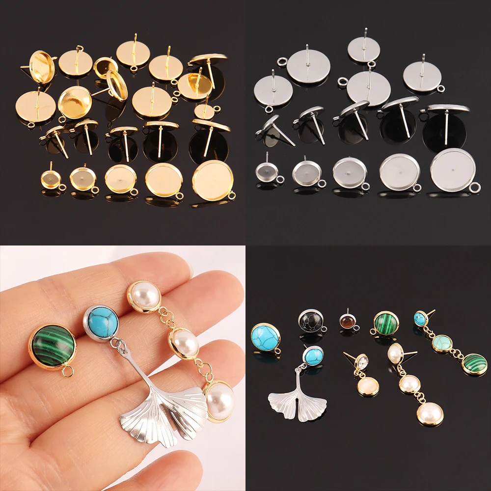 10pcs Stainless Steel Stud Earring Base Glass Cabochon Blank Base Settings Bezels Tray Round DIY Earrings Jewelry Making Finding