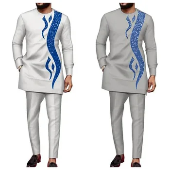 Kaftan Herrenanzug Bedrucktes Oberteil Hose Afrikanisches Ethnisch Lässig Traditionelles Tuch 2PCS Anzüge Outfits Hochzeitskleidung Mode Männliche Sets