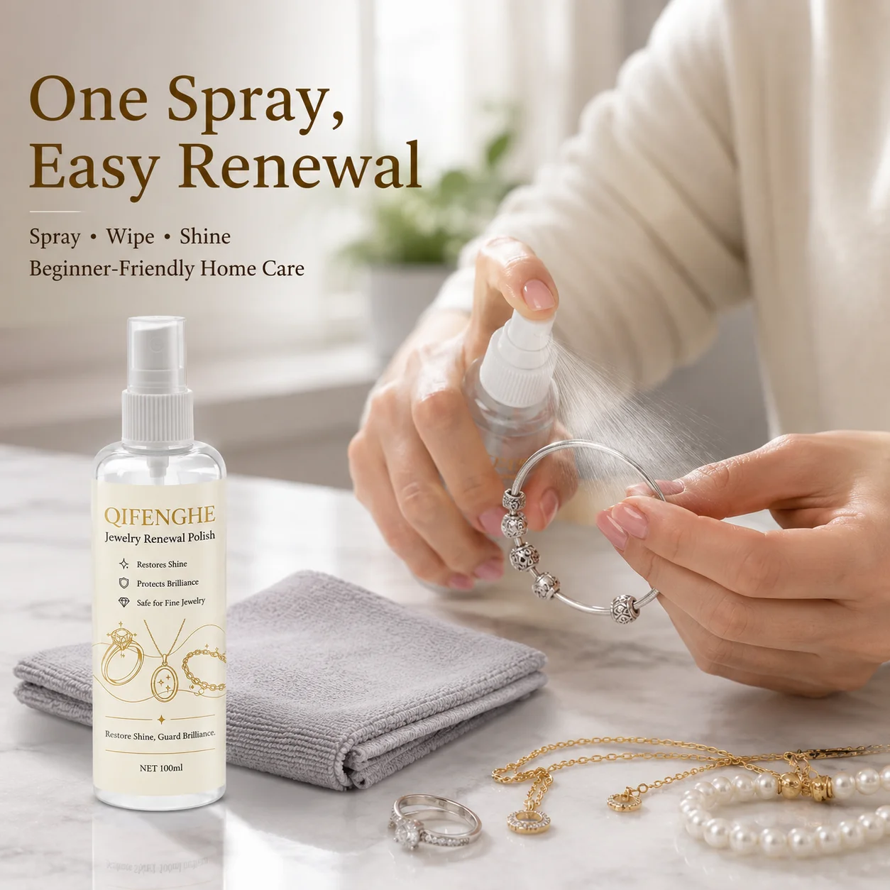 Quick Jewelry Polish Spray, Anti-Oxidation Tarnish Remover for Rings Necklaces Bracelets, Long-Lasting Shine 100ml