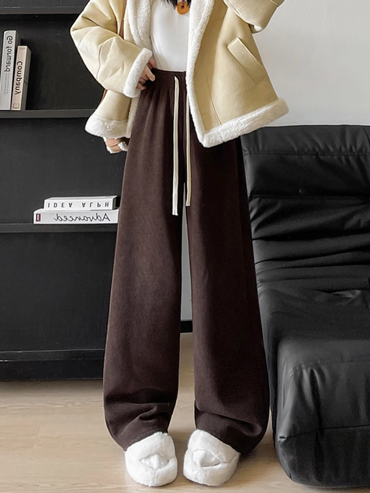 하이웨이스트 와이드 레그 팬츠 여성용 안감 있는 드레이프 루즈 캐주얼 롱 트라우저 가을 겨울 신상 슬림핏 따뜻한 팬츠