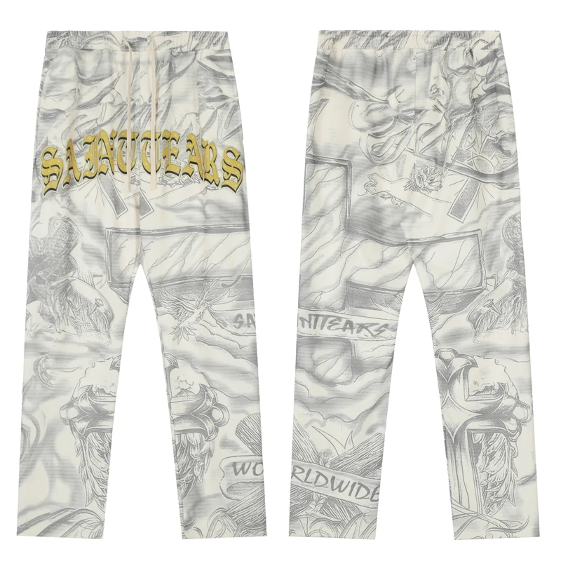 New 24FW SAINT Hand-painted Graffiti Print Loose Casual Sweatpants Men's Women's Fashion Straight Leg Wide Foot Sweatpants