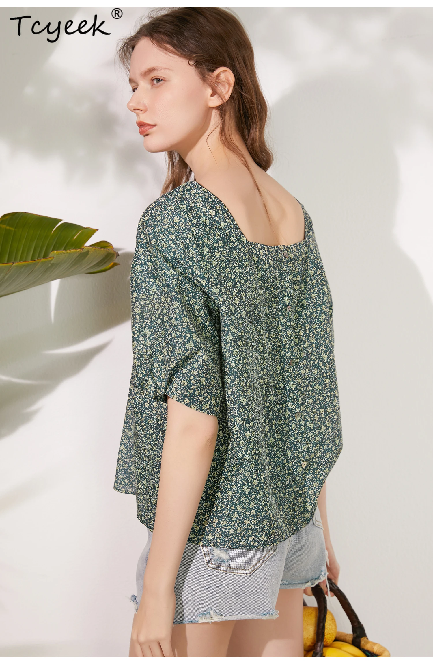 

Tcyeek 30% Silk 70% Cotton T-Shirt For Women, Short Sleeve Square Collar Floral, Elegant Sweet Casual Tops, Summer T47149QM