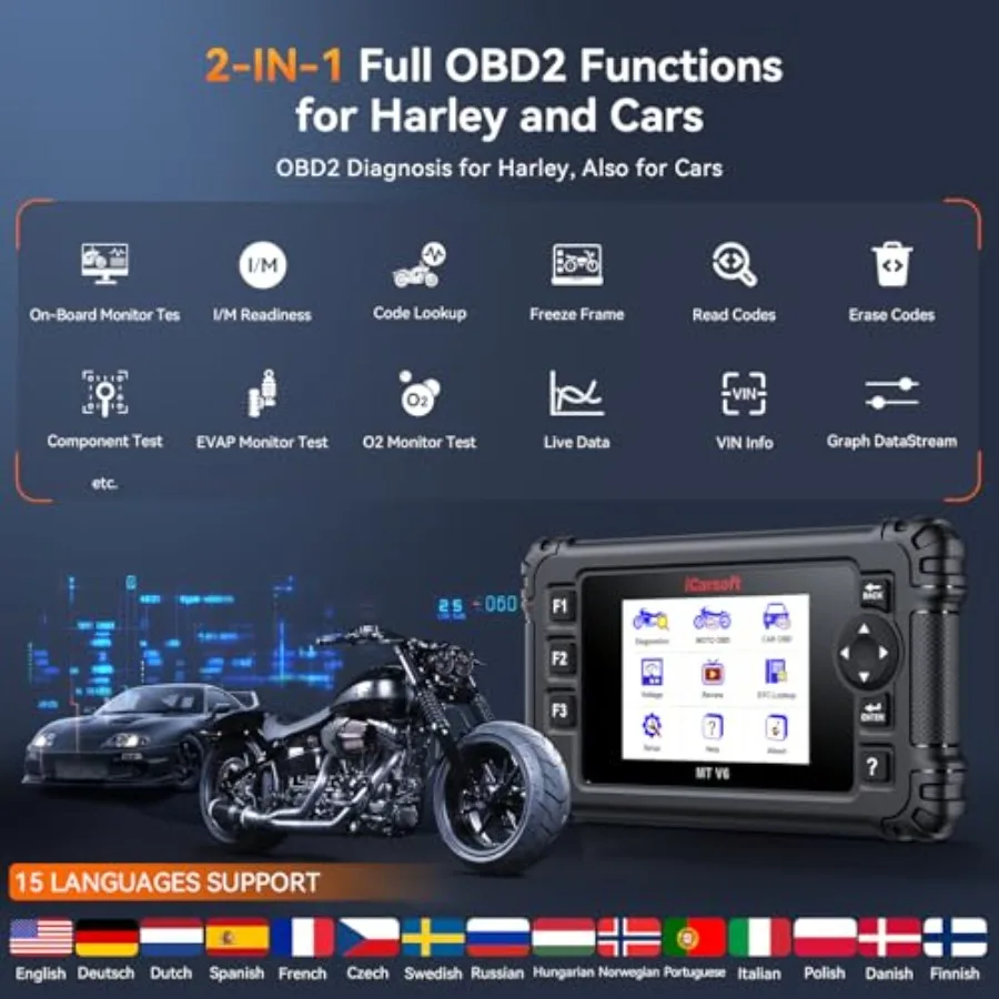 MT V6 Motorrad-Diagnose-Scan-Tool für Harley All System Motorrad-OBD2-Scanner mit 57 Betätigungstests, 43 Spezialfunktionen